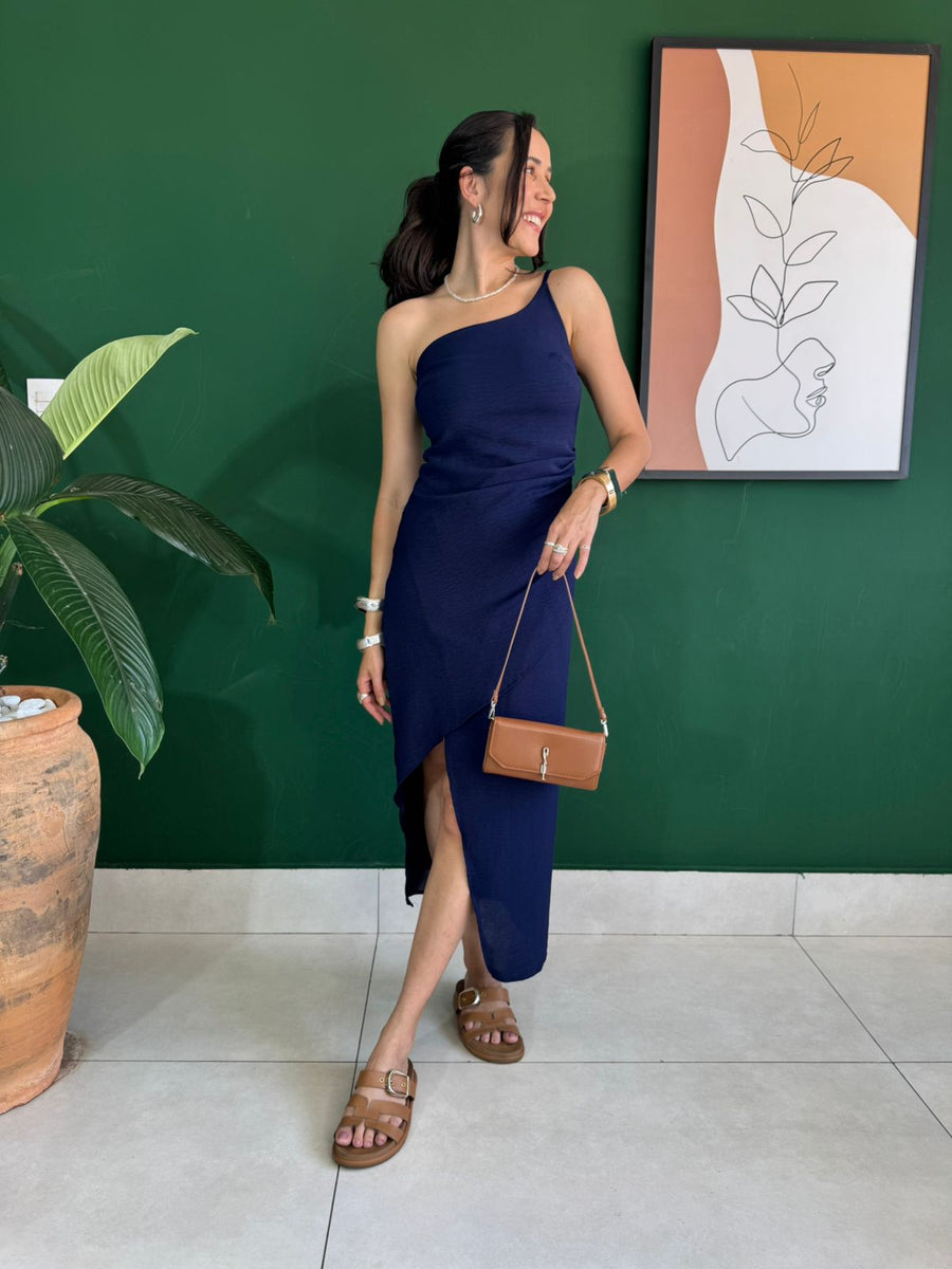 VESTIDO MIDI ASSIMETRICO COM FENDA IBIZA