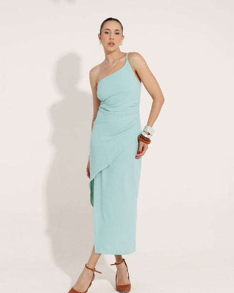 VESTIDO MIDI ASSIMETRICO COM FENDA IBIZA