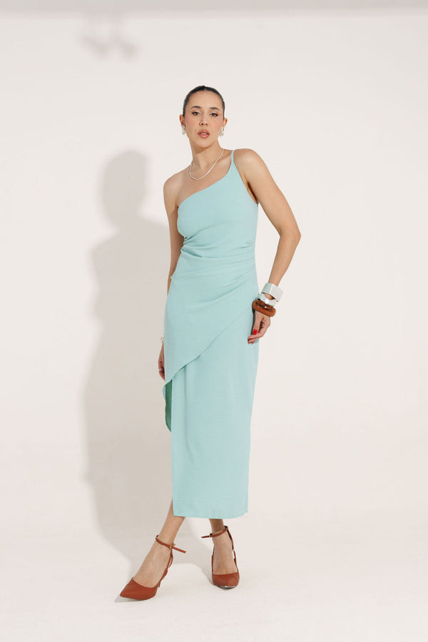VESTIDO MIDI ASSIMETRICO COM FENDA IBIZA