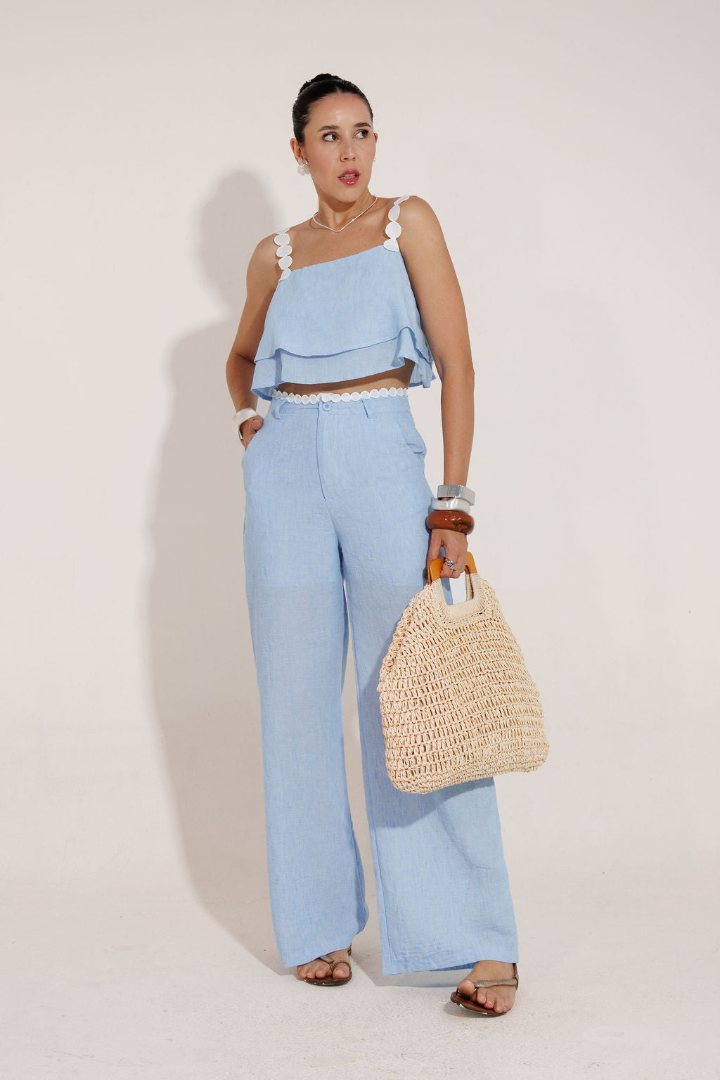 CONJUNTO CALÇA E CROPPED SANTORINE