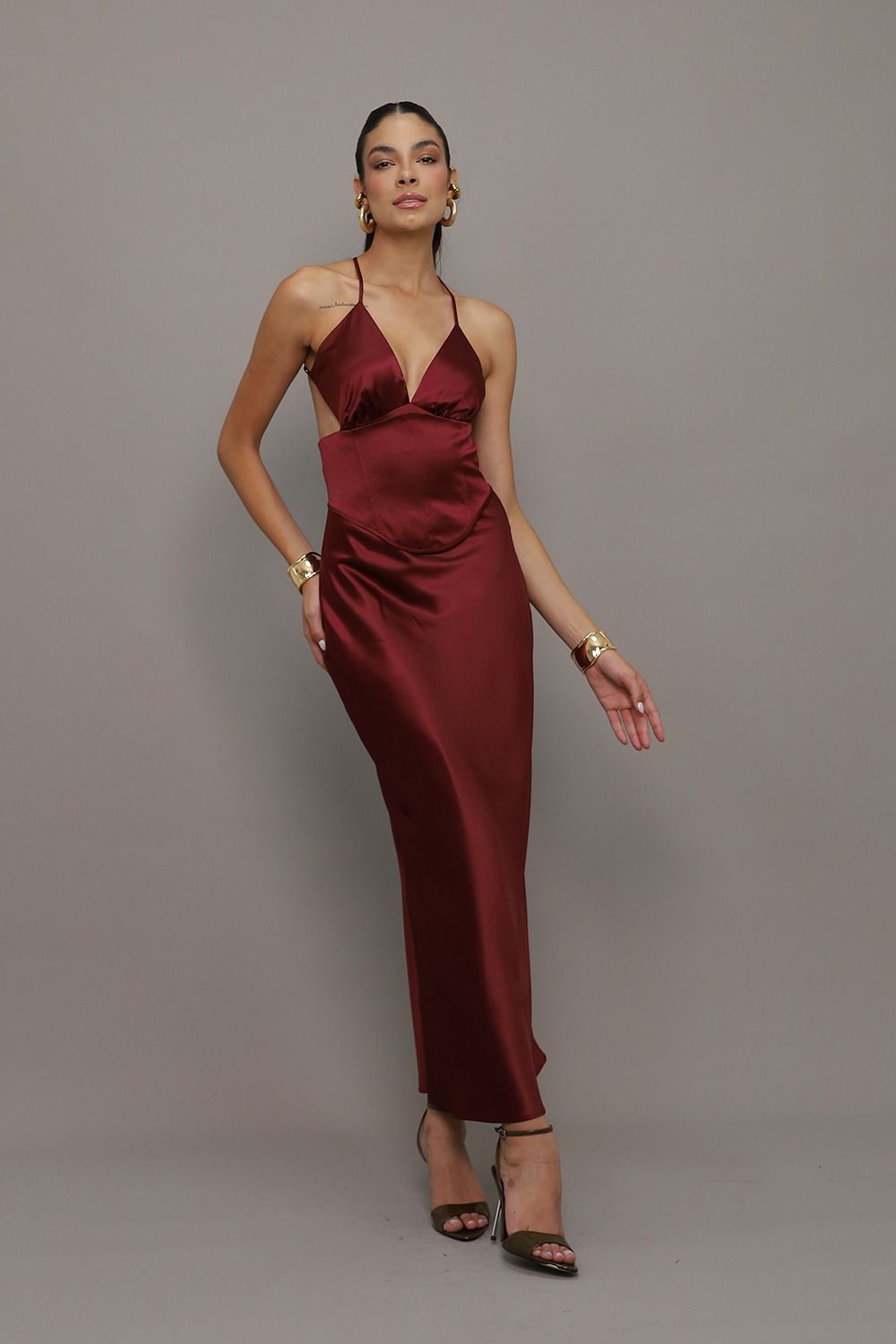 VESTIDO LONGO CETIM COM CORSE