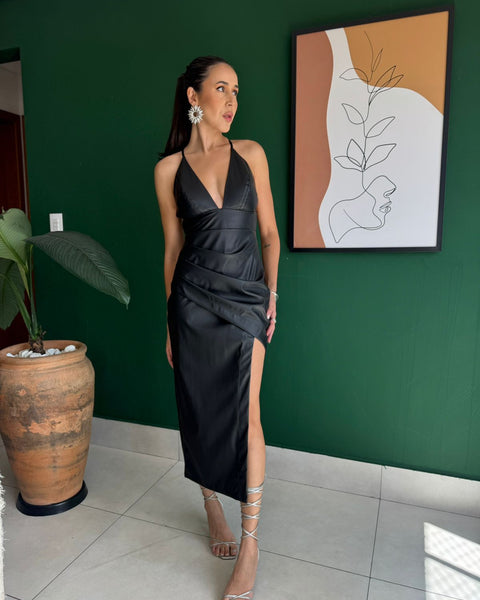 VESTIDO DE COURO MIDI FLAVIA