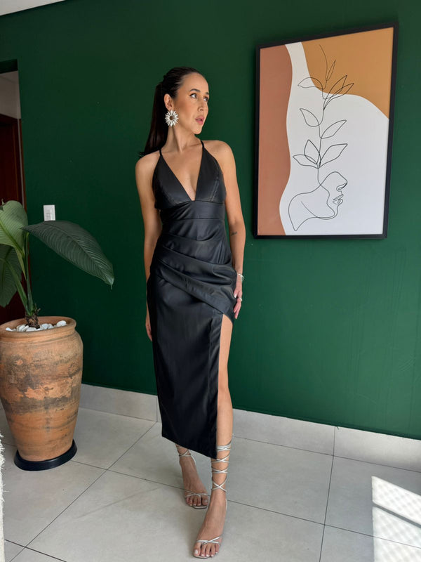 VESTIDO DE COURO MIDI FLAVIA