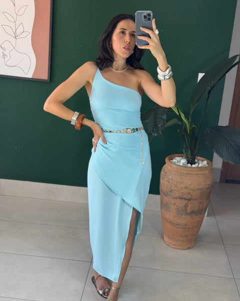 VESTIDO MIDI ASSIMETRICO COM FENDA IBIZA