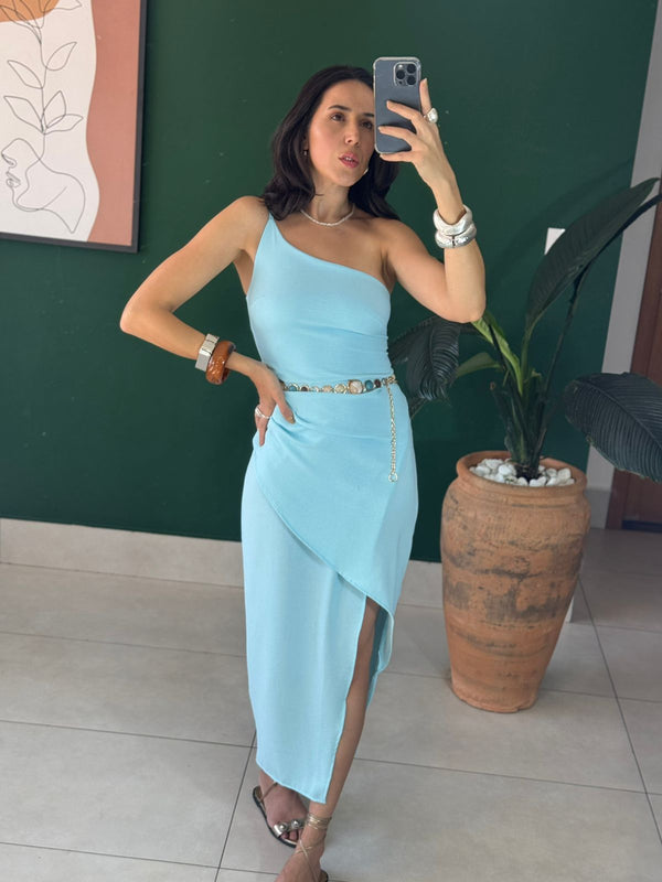VESTIDO MIDI ASSIMETRICO COM FENDA IBIZA